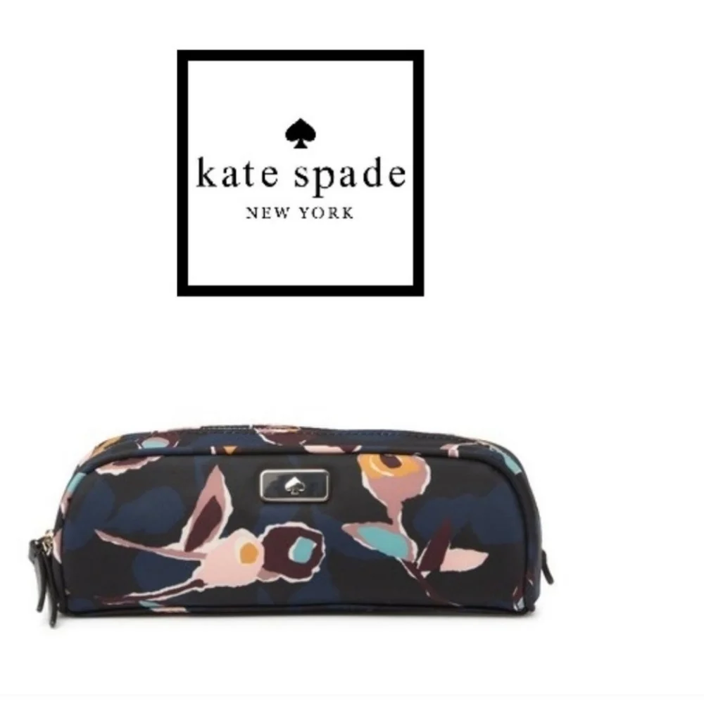 KATE SPADE Dawn Paper Rose Pencil Case- Black Multicolor NWT